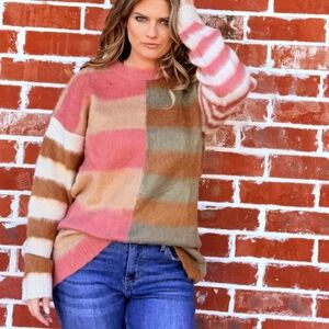 New In Cozy Colorblock Stripe Oversized Fuzzy Knit Tunic Sweater Size S